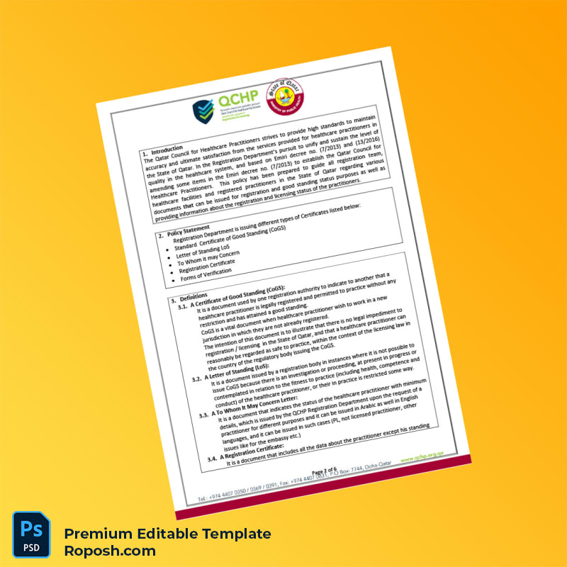 Customizable Qatar Qatar Council for Healthcare Practitioners Certificate of Good Standing Editable Word & PDF Template 6 page Customizable Qatar Qatar Council for Healthcare Practitioners Certificate of Good Standing Editable Word & PDF Template 6 page