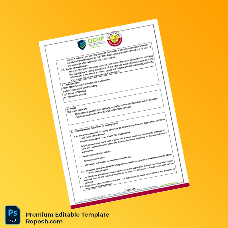 Customizable Qatar Qatar Council for Healthcare Practitioners Certificate of Good Standing Editable Word & PDF Template 6 page Customizable Qatar Qatar Council for Healthcare Practitioners Certificate of Good Standing Editable Word & PDF Template 6 page