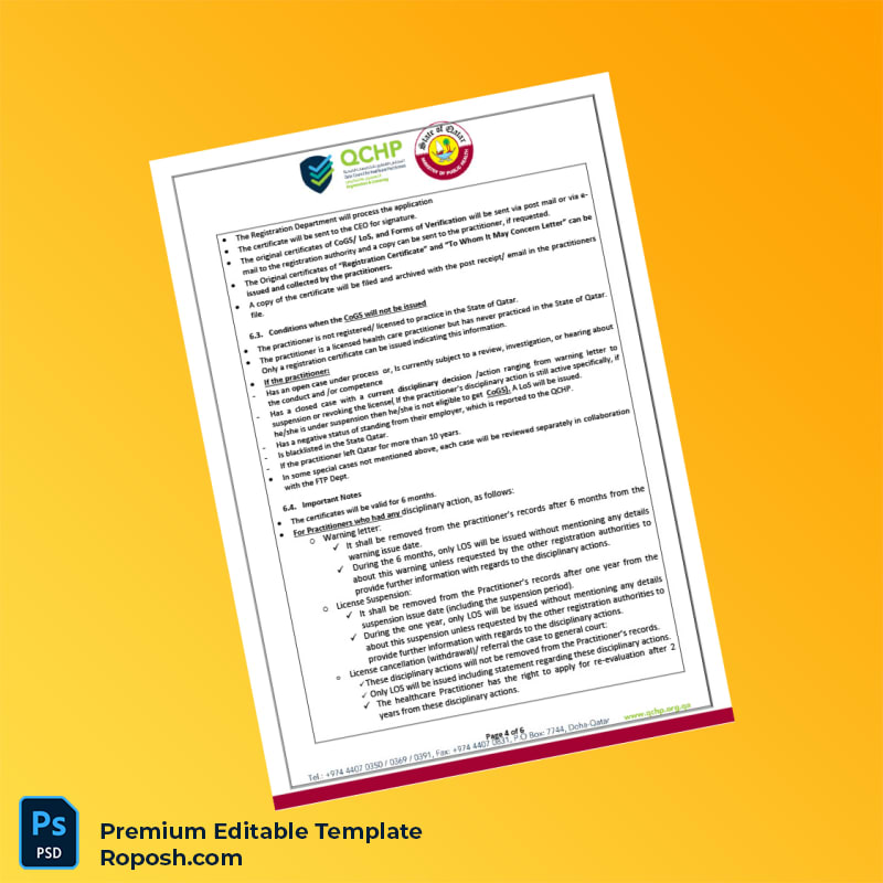 Customizable Qatar Qatar Council for Healthcare Practitioners Certificate of Good Standing Editable Word & PDF Template 6 page Customizable Qatar Qatar Council for Healthcare Practitioners Certificate of Good Standing Editable Word & PDF Template 6 page