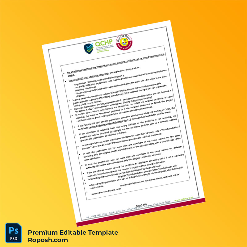 Customizable Qatar Qatar Council for Healthcare Practitioners Certificate of Good Standing Editable Word & PDF Template 6 page Customizable Qatar Qatar Council for Healthcare Practitioners Certificate of Good Standing Editable Word & PDF Template 6 page