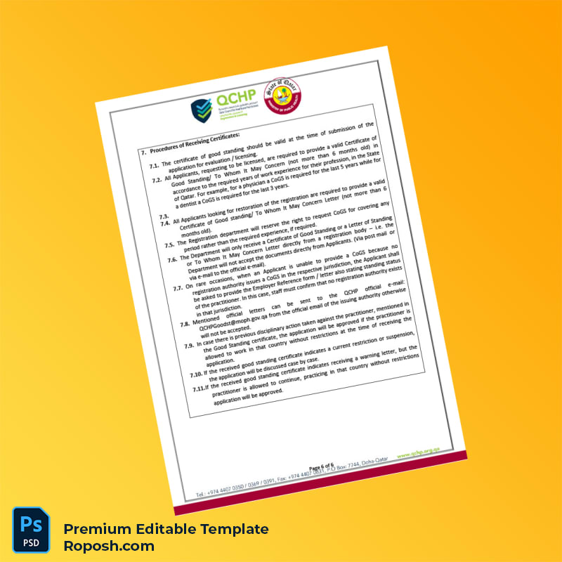 Customizable Qatar Qatar Council for Healthcare Practitioners Certificate of Good Standing Editable Word & PDF Template 6 page Customizable Qatar Qatar Council for Healthcare Practitioners Certificate of Good Standing Editable Word & PDF Template 6 page