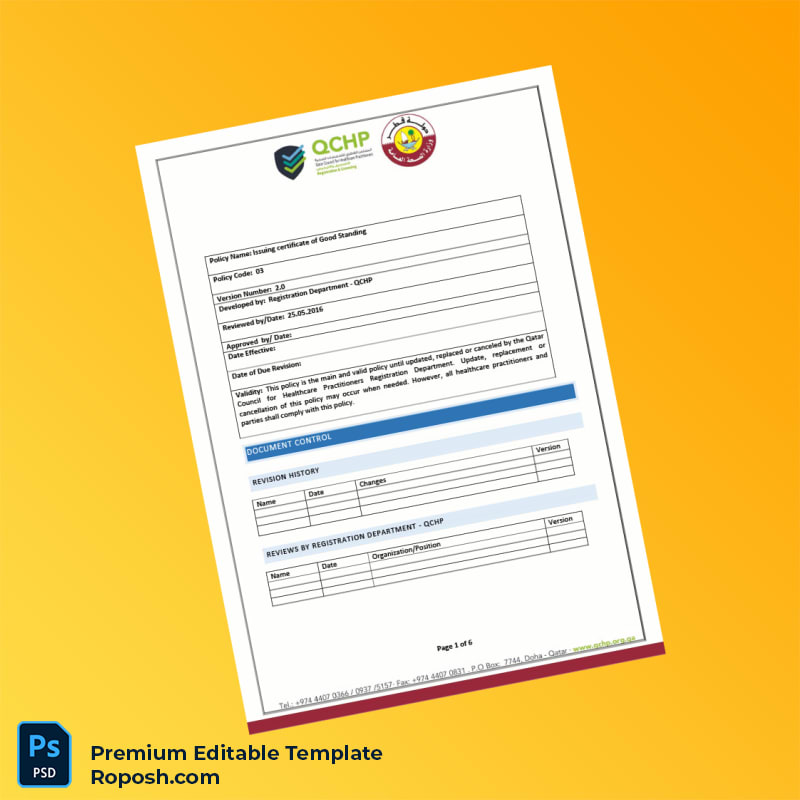 Customizable Qatar Qatar Council for Healthcare Practitioners Certificate of Good Standing Editable Word & PDF Template 6 page Customizable Qatar Qatar Council for Healthcare Practitioners Certificate of Good Standing Editable Word & PDF Template 6 page