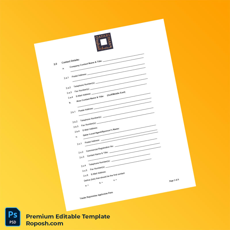 Customizable Qatar Vendor Registration Application Form Editable Word & PDF Template 4 page Customizable Qatar Vendor Registration Application Form Editable Word & PDF Template 4 page