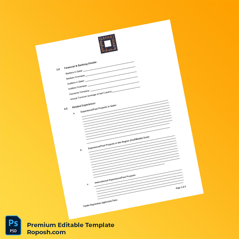 Customizable Qatar Vendor Registration Application Form Editable Word & PDF Template 4 page Customizable Qatar Vendor Registration Application Form Editable Word & PDF Template 4 page