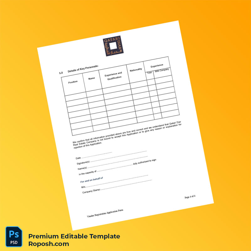 Customizable Qatar Vendor Registration Application Form Editable Word & PDF Template 4 page Customizable Qatar Vendor Registration Application Form Editable Word & PDF Template 4 page
