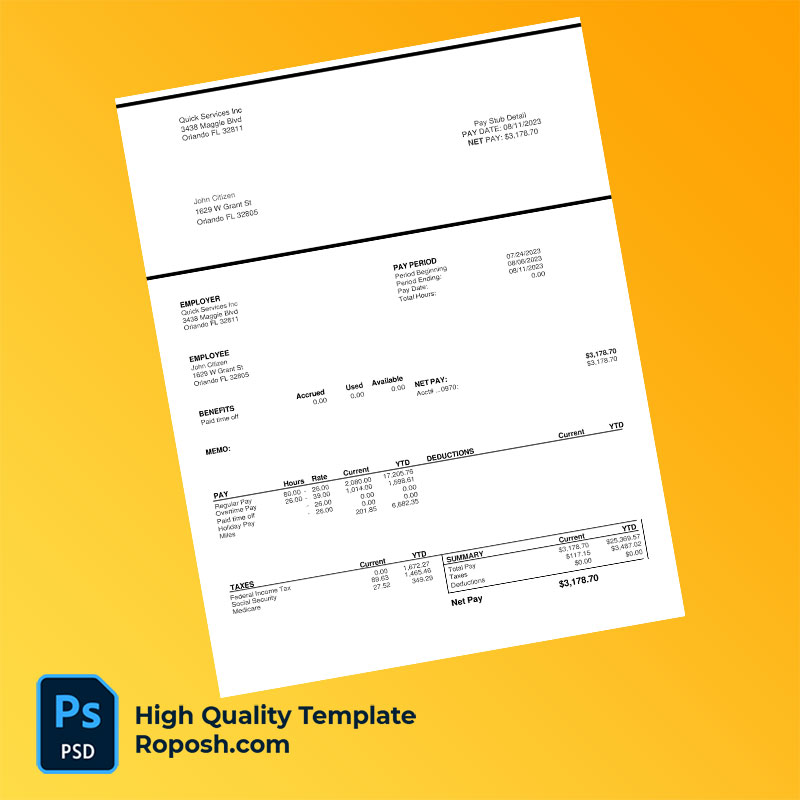 Quick Services Inc pay stub word and pdf template Quick Services Inc pay stub word and pdf template