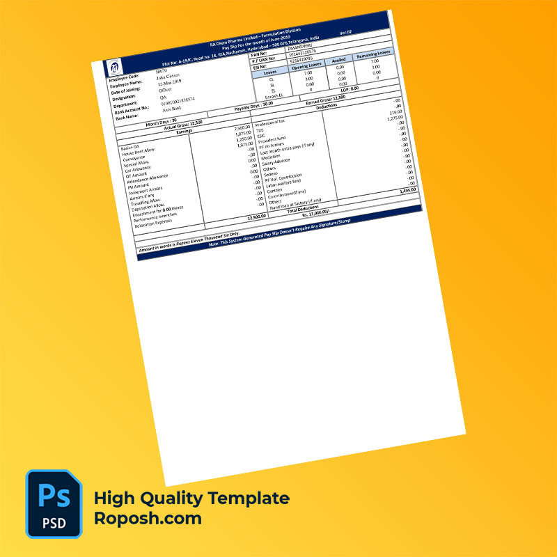 RA Chem Pharma Limited payslip word and pdf template RA Chem Pharma Limited payslip word and pdf template