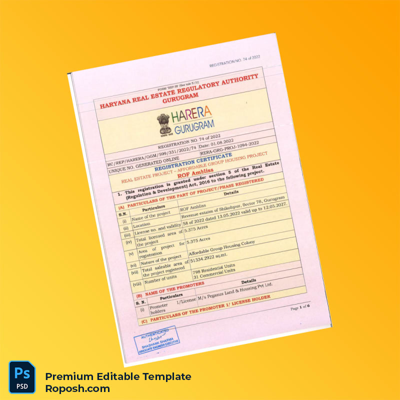 Customizable RERA Registration Certificate Editable Word & PDF Template 8 page Customizable RERA Registration Certificate Editable Word & PDF Template 8 page