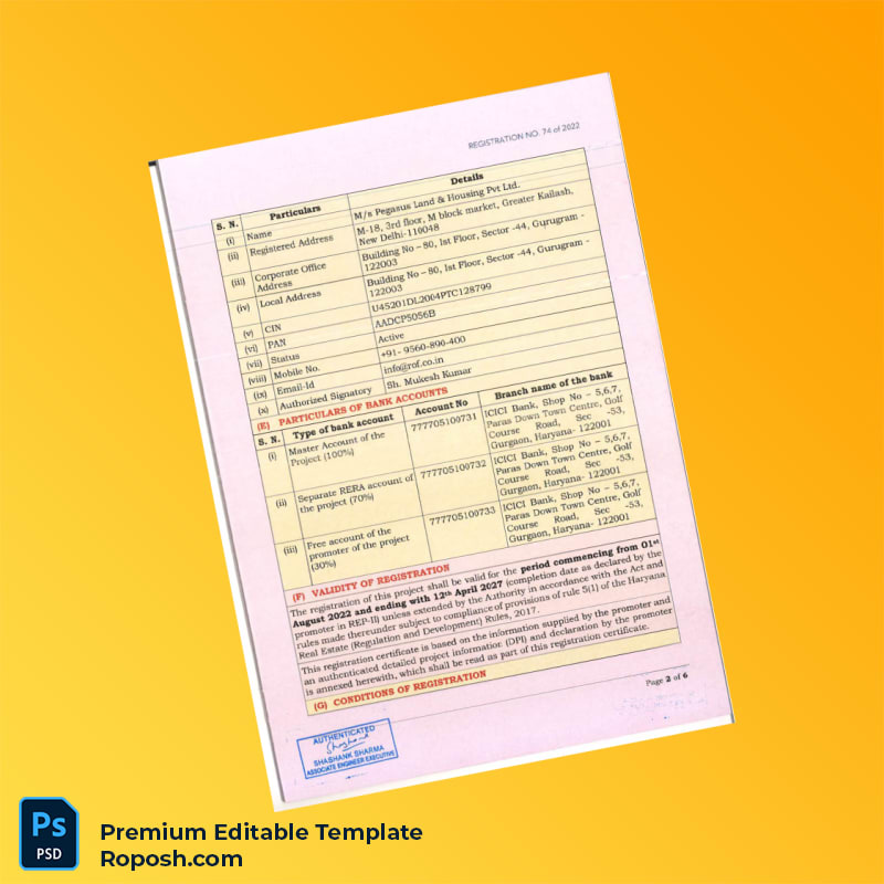 Customizable RERA Registration Certificate Editable Word & PDF Template 8 page Customizable RERA Registration Certificate Editable Word & PDF Template 8 page