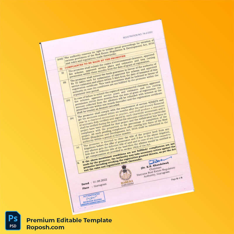Customizable RERA Registration Certificate Editable Word & PDF Template 8 page Customizable RERA Registration Certificate Editable Word & PDF Template 8 page