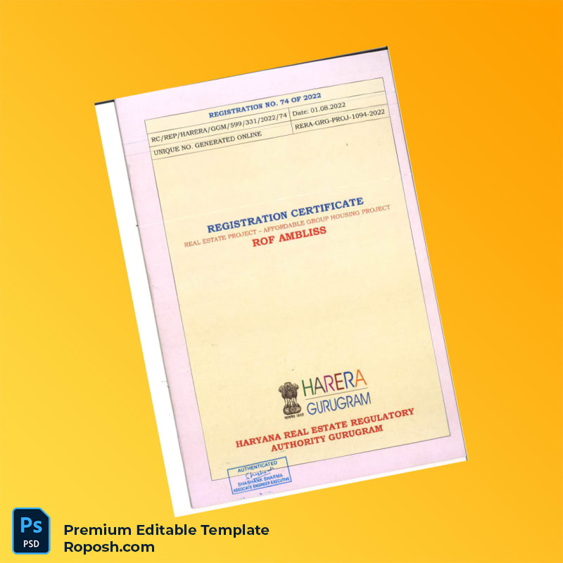 Customizable RERA Registration Certificate Editable Word & PDF Template 8 page Customizable RERA Registration Certificate Editable Word & PDF Template 8 page
