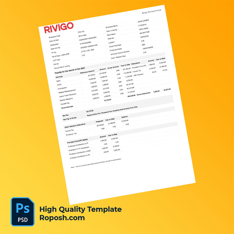 Rivigo Services Pvt Ltd payslip word and pdf template Rivigo Services Pvt Ltd payslip word and pdf template