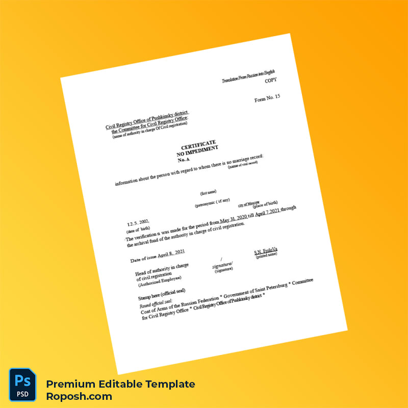 Customizable Russia Civil Registry Office Certificate of No Impediment Editable Word & PDF Template Customizable Russia Civil Registry Office Certificate of No Impediment Editable Word & PDF Template