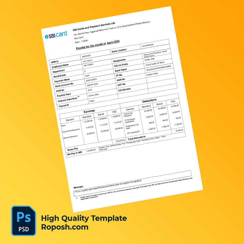 SBI Cards and Payment Services Ltd payslip word and pdf template SBI Cards and Payment Services Ltd payslip word and pdf template