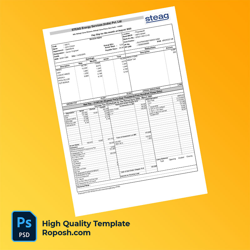 STEAG Energy Services India Pvt Ltd payslip word and pdf template STEAG Energy Services India Pvt Ltd payslip word and pdf template