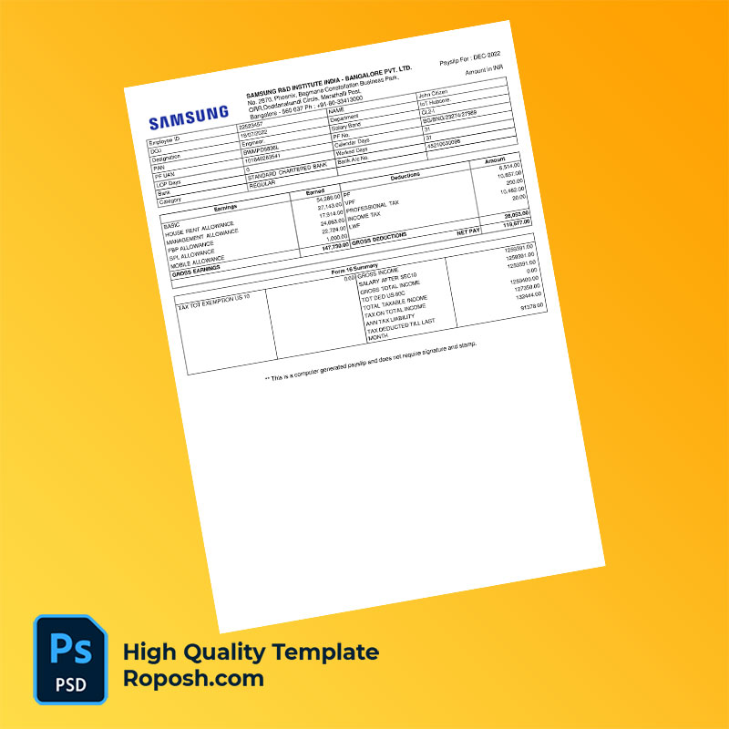 Samsung R&D Institute India Bangalore PVT LTD payslip word and pdf template Samsung R&D Institute India Bangalore PVT LTD payslip word and pdf template
