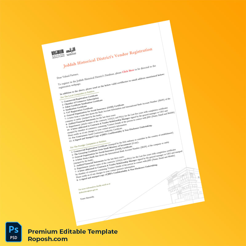 Customizable Saudi Arabia Vendors Registration Certificate Editable Word & PDF Template 7 page Customizable Saudi Arabia Vendors Registration Certificate Editable Word & PDF Template 7 page