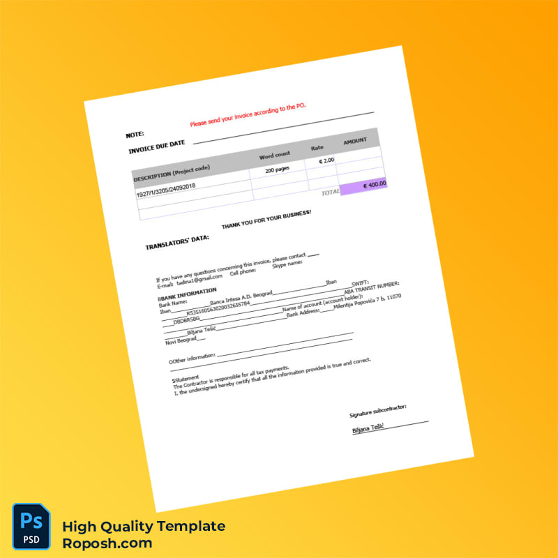 Serbia W L BUSINESS CONSULTING TRANSLATION LTD Invoice Template in Word and PDF formats 2 page Serbia W L BUSINESS CONSULTING TRANSLATION LTD Invoice Template in Word and PDF formats 2 page