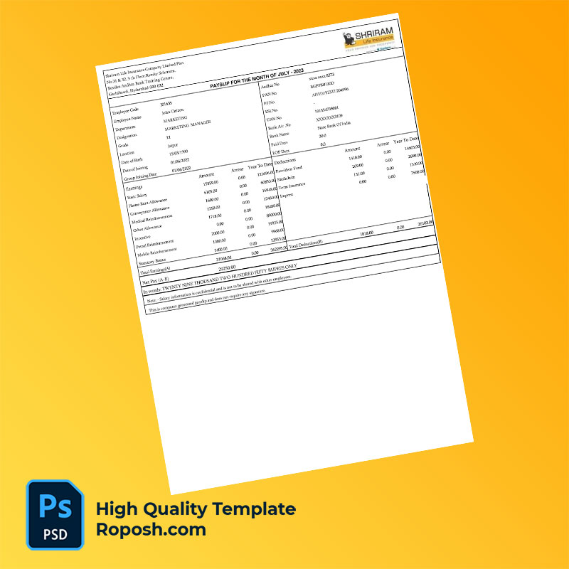 Shriram Life Insurance Company Limited Plot payslip word and pdf template Shriram Life Insurance Company Limited Plot payslip word and pdf template