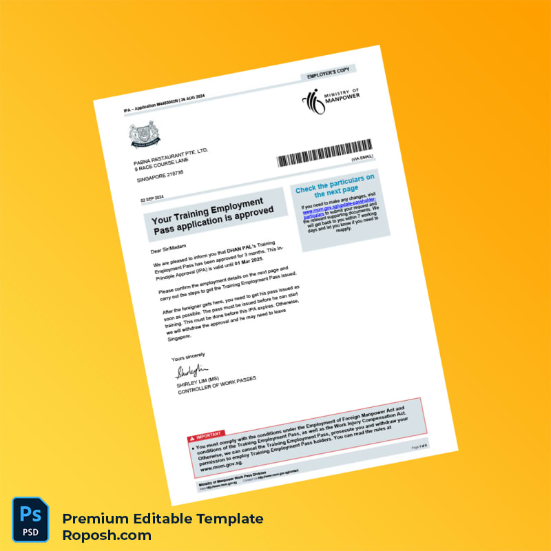 Customizable Singapore Pabna Restaurant Pte Ltd Employment Verification Letter Word & PDF Template 8 page Customizable Singapore Pabna Restaurant Pte Ltd Employment Verification Letter Word & PDF Template 8 page