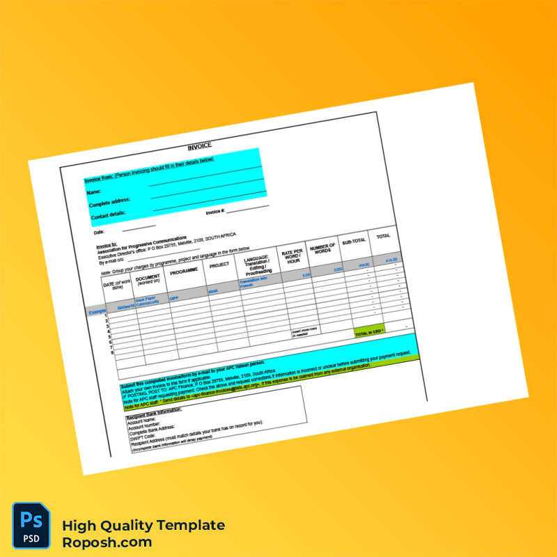 South Africa Association for Progressive Communications Invoice Template in Word and PDF formats 2 page South Africa Association for Progressive Communications Invoice Template in Word and PDF formats 2 page