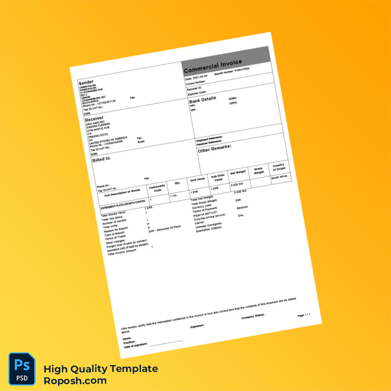 South Africa Commercial Invoice Template in Word and PDF formats South Africa Commercial Invoice Template in Word and PDF formats
