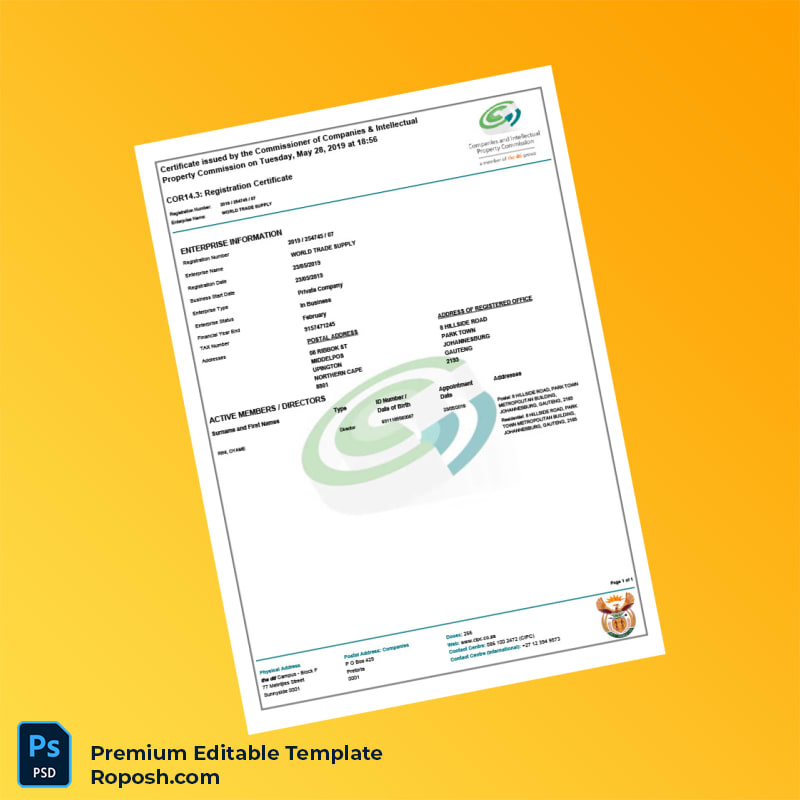 Customizable South Africa Commissioner of Companies Business Registration Certificate Editable Word & PDF Template Customizable South Africa Commissioner of Companies Business Registration Certificate Editable Word & PDF Template