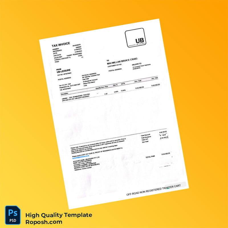 South Africa UB-Leisure Invoice Template in Word and PDF formats South Africa UB-Leisure Invoice Template in Word and PDF formats