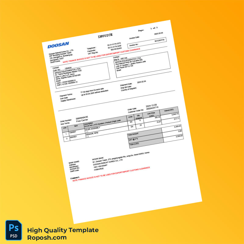 South Korea Doosan Invoice Template in Word and PDF formats 3 page South Korea Doosan Invoice Template in Word and PDF formats 3 page