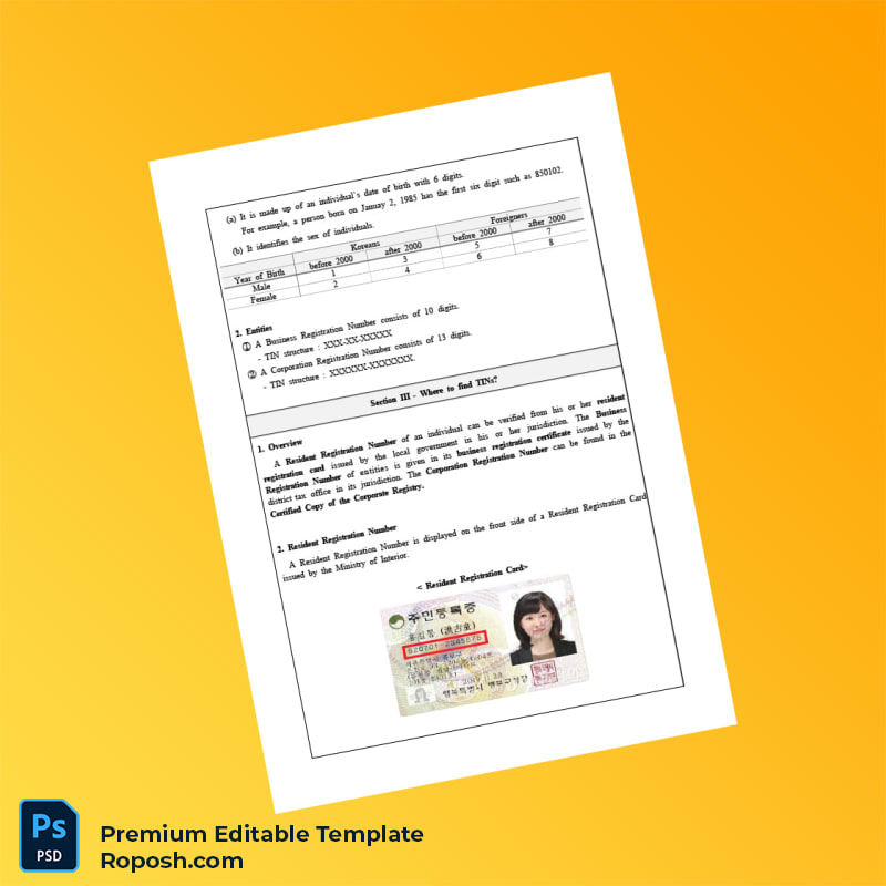 Customizable South Korea Tax Identification Number Registration Certificate Editable Word & PDF Template 4 page Customizable South Korea Tax Identification Number Registration Certificate Editable Word & PDF Template 4 page
