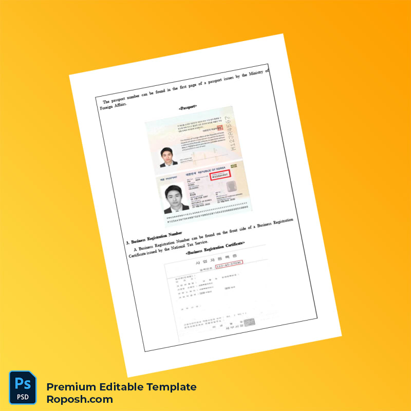 Customizable South Korea Tax Identification Number Registration Certificate Editable Word & PDF Template 4 page Customizable South Korea Tax Identification Number Registration Certificate Editable Word & PDF Template 4 page
