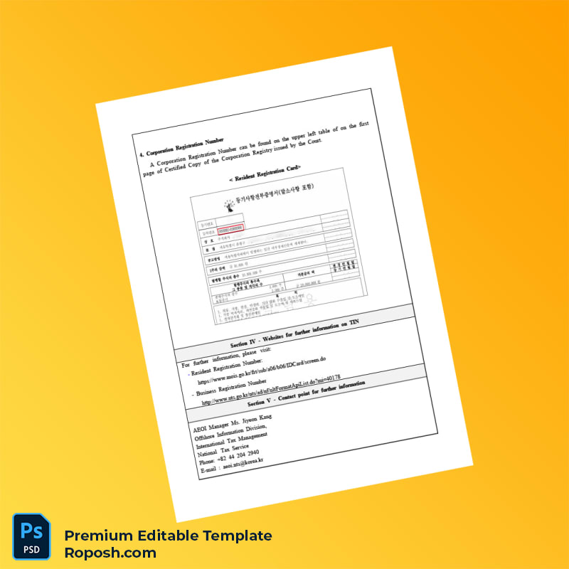 Customizable South Korea Tax Identification Number Registration Certificate Editable Word & PDF Template 4 page Customizable South Korea Tax Identification Number Registration Certificate Editable Word & PDF Template 4 page