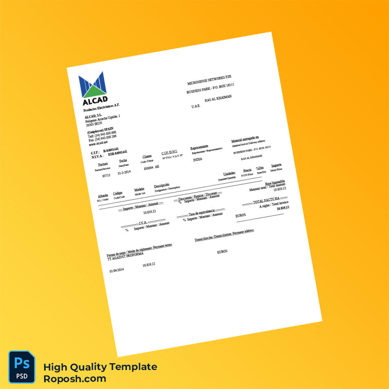 Spain Alcad S L Invoice Template in Word and PDF formats 2 page Spain Alcad S L Invoice Template in Word and PDF formats 2 page