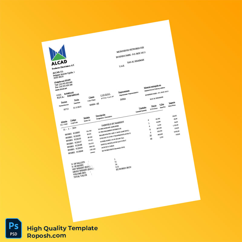 Spain Alcad S L Invoice Template in Word and PDF formats 2 page Spain Alcad S L Invoice Template in Word and PDF formats 2 page