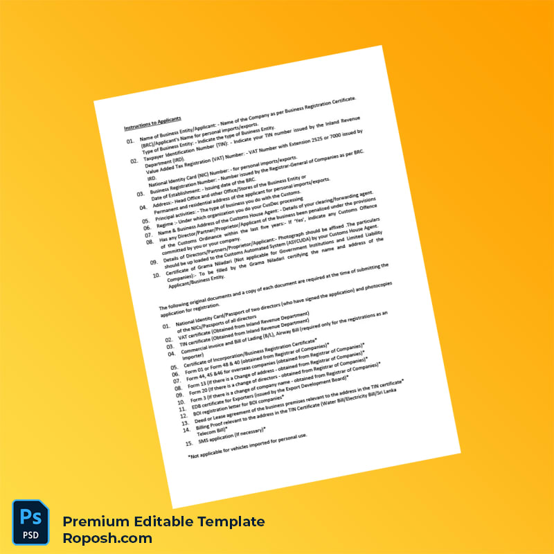 Customizable Sri Lanka Customs Importers and Exporters Registration Form Editable Word & PDF Template 4 page Customizable Sri Lanka Customs Importers and Exporters Registration Form Editable Word & PDF Template 4 page