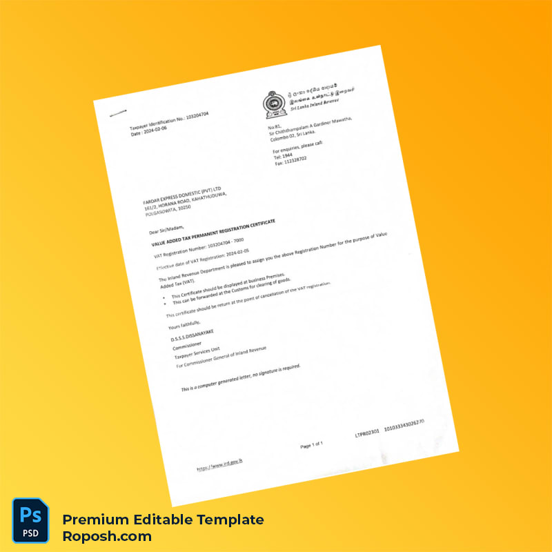 Customizable Sri Lanka Inland Revenue Department VAT Registration Certificate Editable Word & PDF Template Customizable Sri Lanka Inland Revenue Department VAT Registration Certificate Editable Word & PDF Template