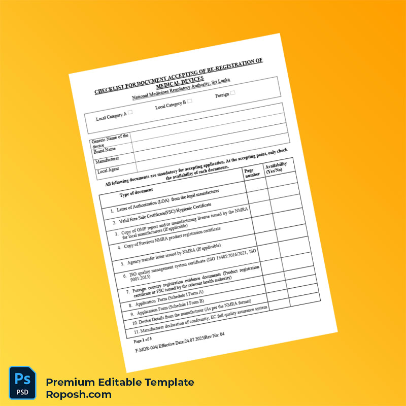 Customizable Sri Lanka National Medicines Regulatory Authority Re-Registration Dossier Submission Checklist Editable Word & PDF Template 3 page Customizable Sri Lanka National Medicines Regulatory Authority Re-Registration Dossier Submission Checklist Editable Word & PDF Template 3 page