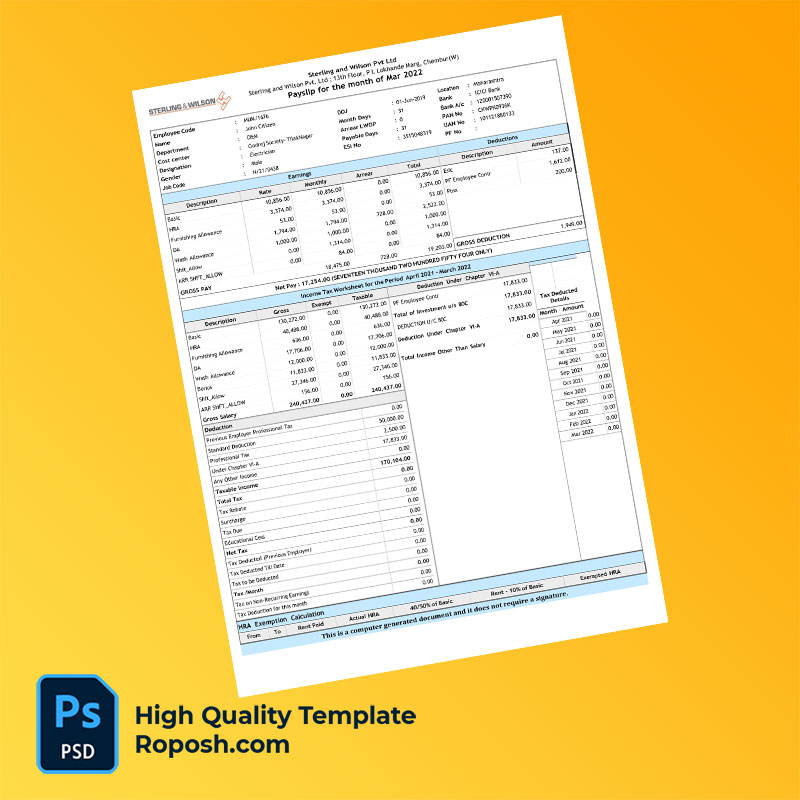 Sterling and Wilson Pvt Ltd payslip word and pdf template Sterling and Wilson Pvt Ltd payslip word and pdf template