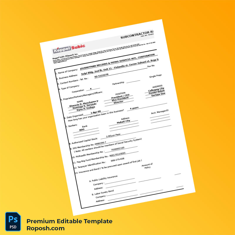 Customizable Subcontractor Registration Form Editable Word & PDF Template 6 page Customizable Subcontractor Registration Form Editable Word & PDF Template 6 page