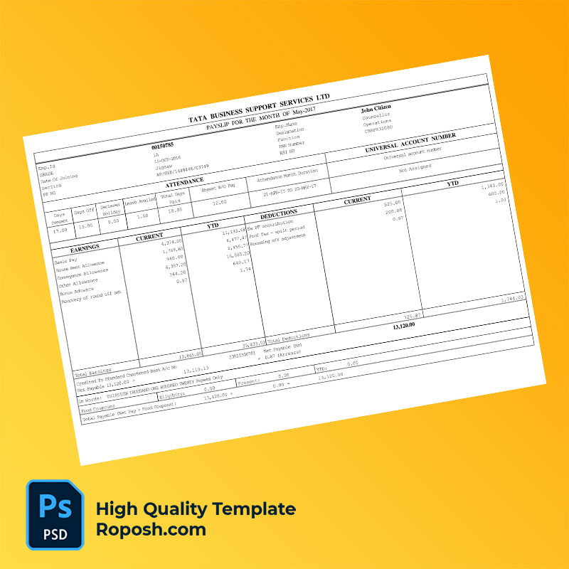 TATA Business Support Services LTD payslip word and pdf template TATA Business Support Services LTD payslip word and pdf template