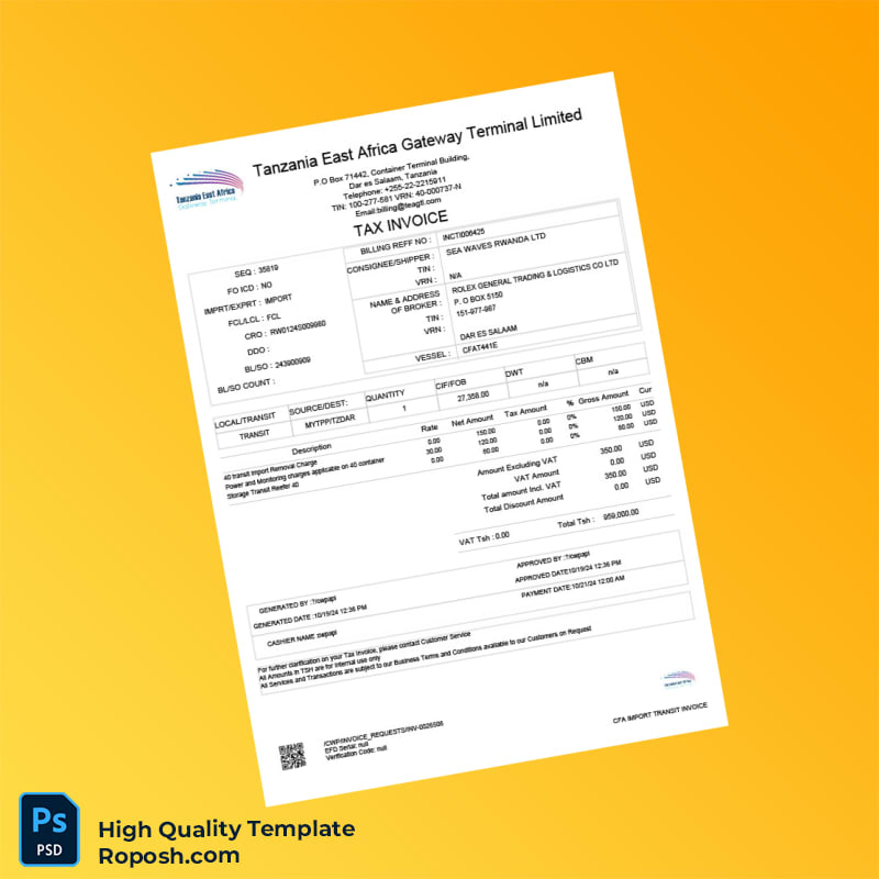 Tanzania Tanzania East Africa Gateway Terminal Limited Tax Invoice Template in Word and PDF formats Tanzania Tanzania East Africa Gateway Terminal Limited Tax Invoice Template in Word and PDF formats