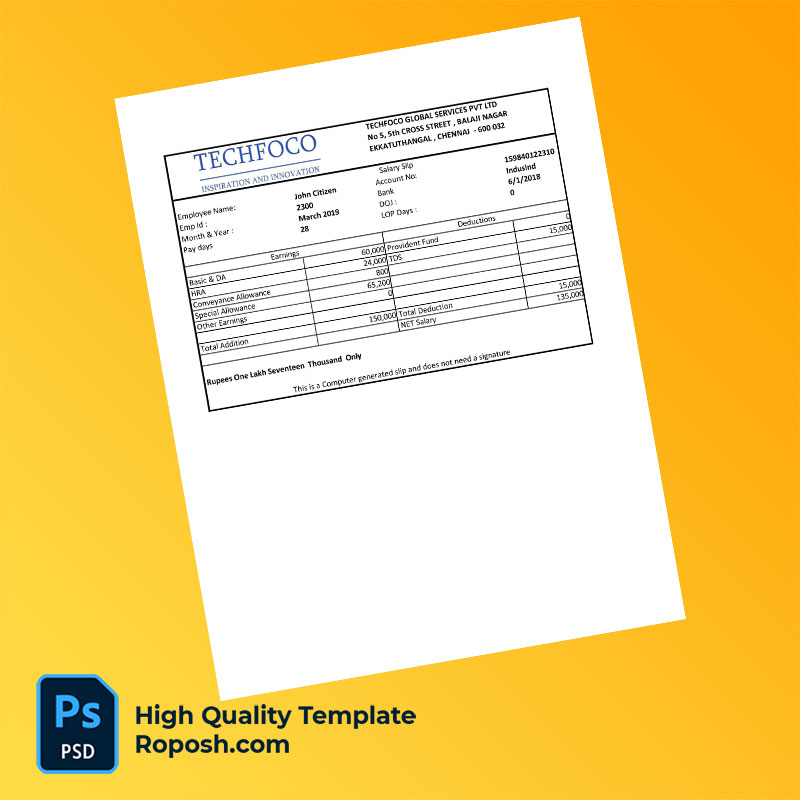 Techfoco Global Services Pvt Ltd payslip word and pdf template Techfoco Global Services Pvt Ltd payslip word and pdf template