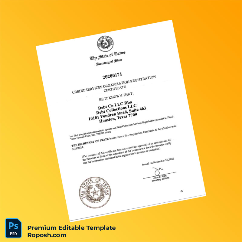 Customizable Texas Secretary of State Business Registration Certificate Editable Word & PDF Template Customizable Texas Secretary of State Business Registration Certificate Editable Word & PDF Template