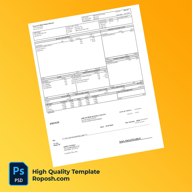 Tucson Unified School District pay stub word and pdf template Tucson Unified School District pay stub word and pdf template
