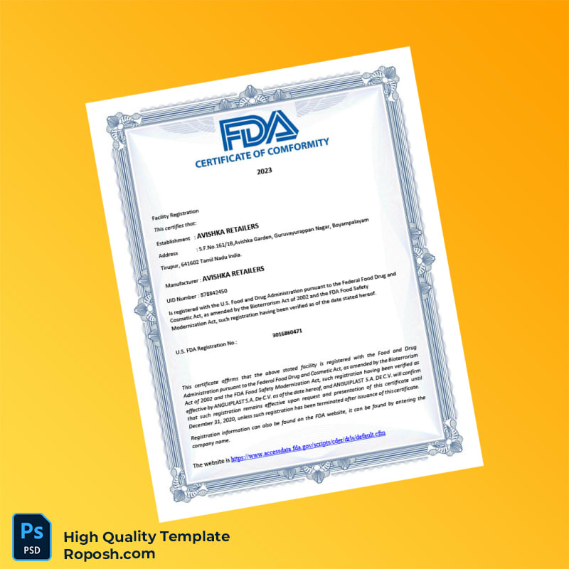 U S FDA Registration Certificate Template in Word and PDF formats U S FDA Registration Certificate Template in Word and PDF formats