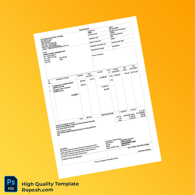 UAE Al Tahani Auto Parts Trading Tax Invoice Template in Word and PDF formats UAE Al Tahani Auto Parts Trading Tax Invoice Template in Word and PDF formats