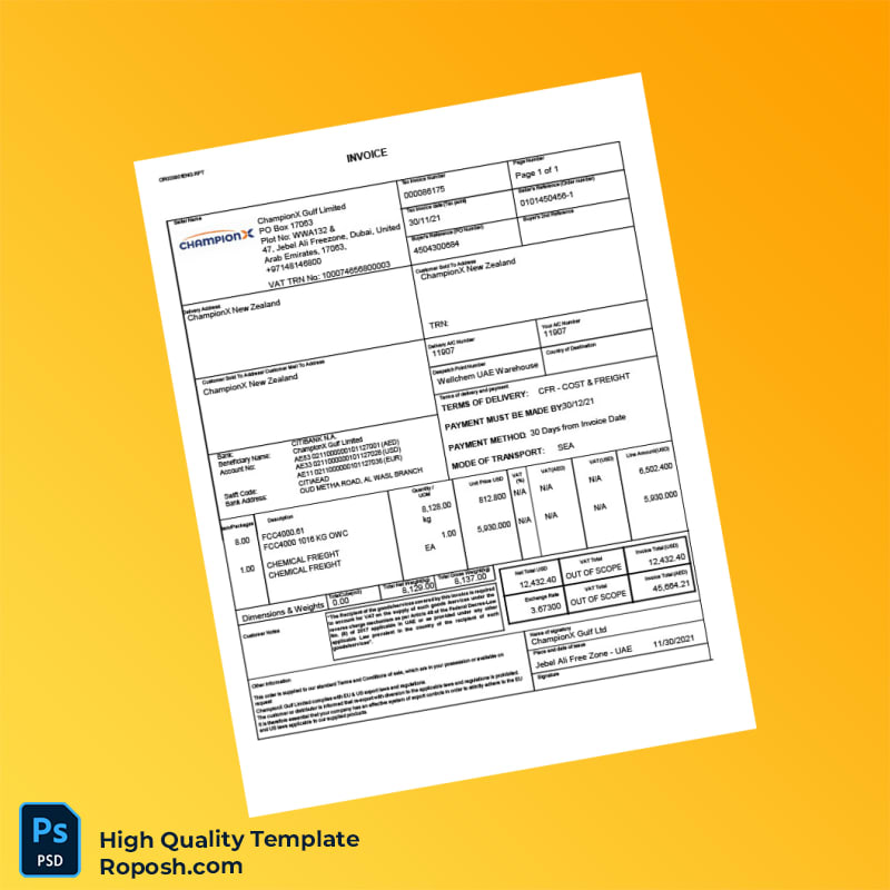 UAE ChampionX Gulf Ltd Invoice Template in Word and PDF formats UAE ChampionX Gulf Ltd Invoice Template in Word and PDF formats