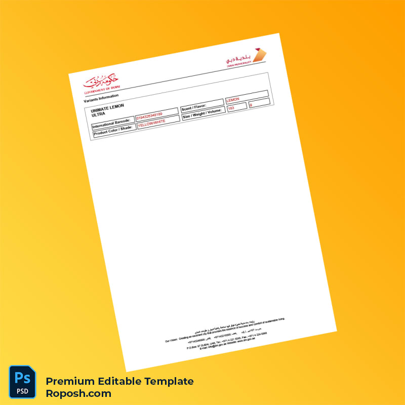 Customizable UAE Consumer Products Registration Certificate Editable Word & PDF Template 2 page Customizable UAE Consumer Products Registration Certificate Editable Word & PDF Template 2 page