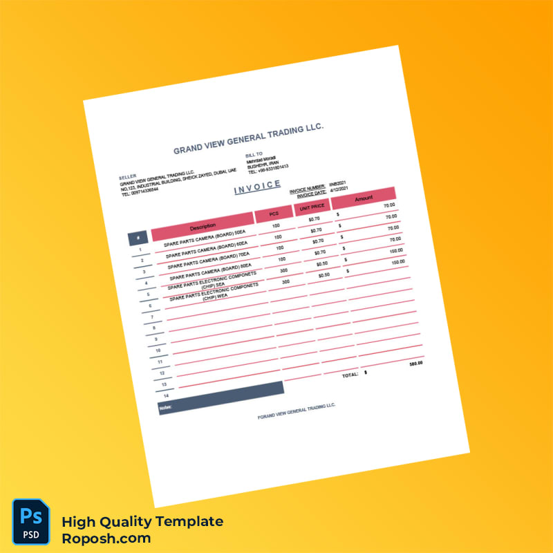 UAE Grand View General Trading Invoice Template in Word and PDF formats UAE Grand View General Trading Invoice Template in Word and PDF formats