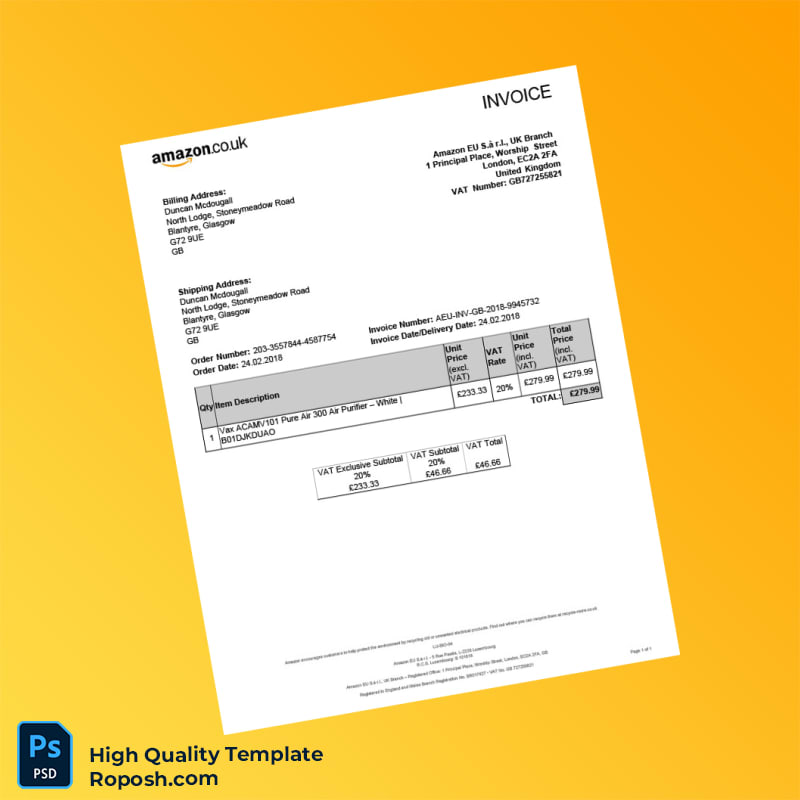 UK Amazon EU S à r l Invoice Template in Word and PDF formats UK Amazon EU S à r l Invoice Template in Word and PDF formats